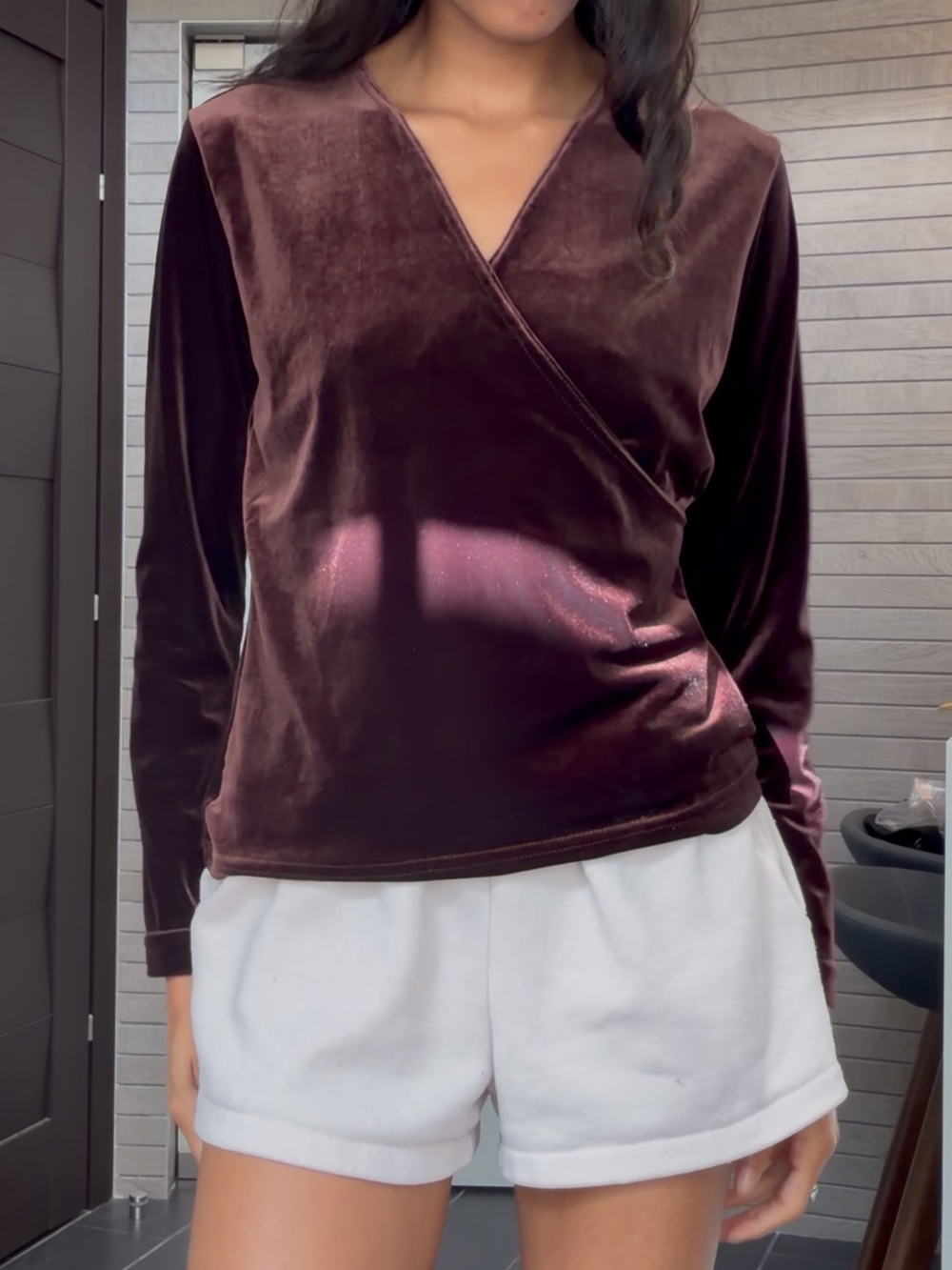 Casual Corner Long-Sleeve Velvet Wrap Top - Brown